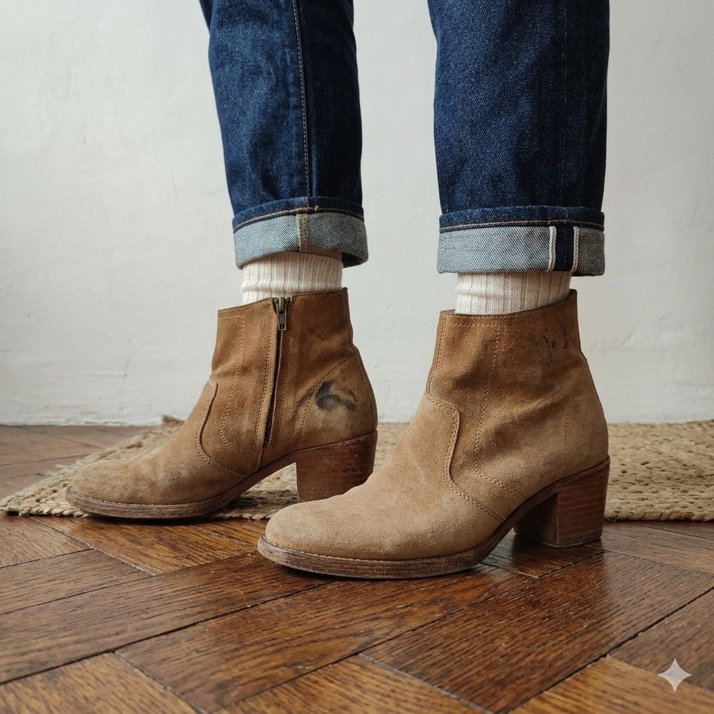 A.P.C. Ankle Boots Womens 37 US 7 Tan Suede Zip Up Stacked Heel Boho Parisian‎
